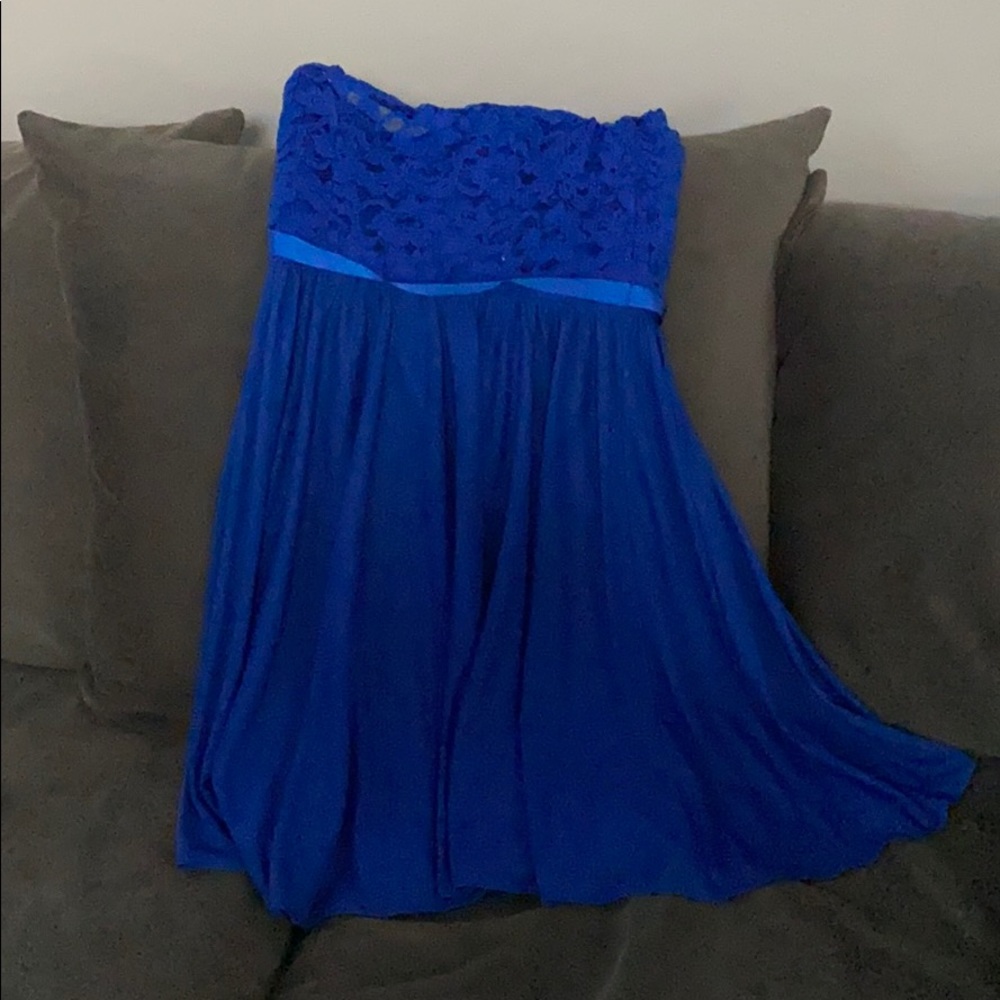 One shoulder blue lace dress